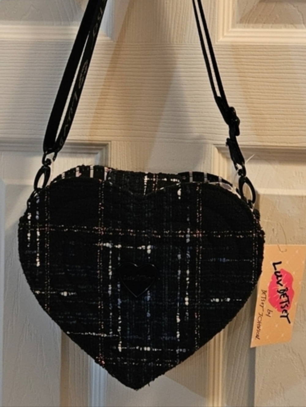 Betsey Johnson Heart-Shaped Tweed Crossbody Bag - Picture 11 of 11